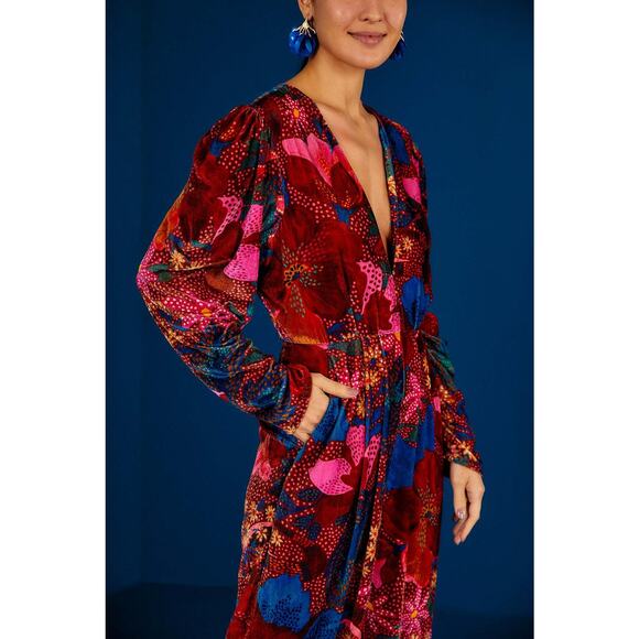 Farm rio snake garden red velour floral bright jumpsuit long sleeve winter S - Picture 2 of 14